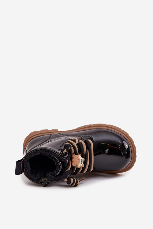 Zateplené detské lakované členkové čižmy s remienkom medveď čierne Jovellea
