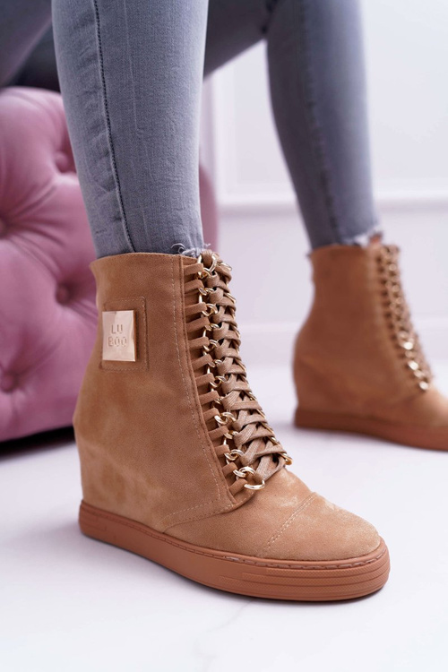 Ženské tenisky lu boo zlaté reťazce semišové camel Monica