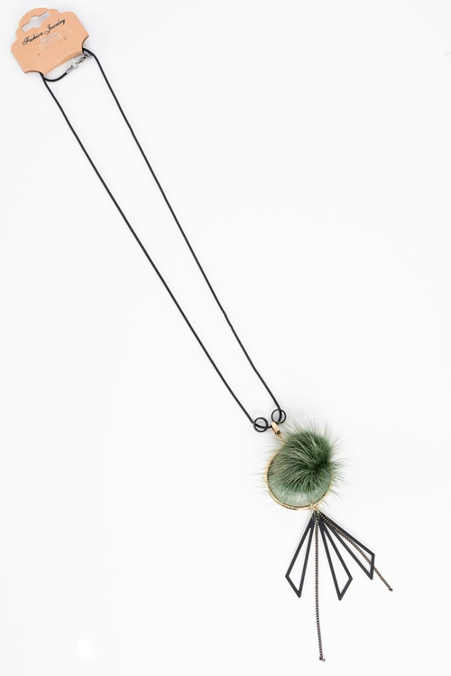 Naszyjnik Damski Z Pomponem Długi Łańcuszek Zielony Choker