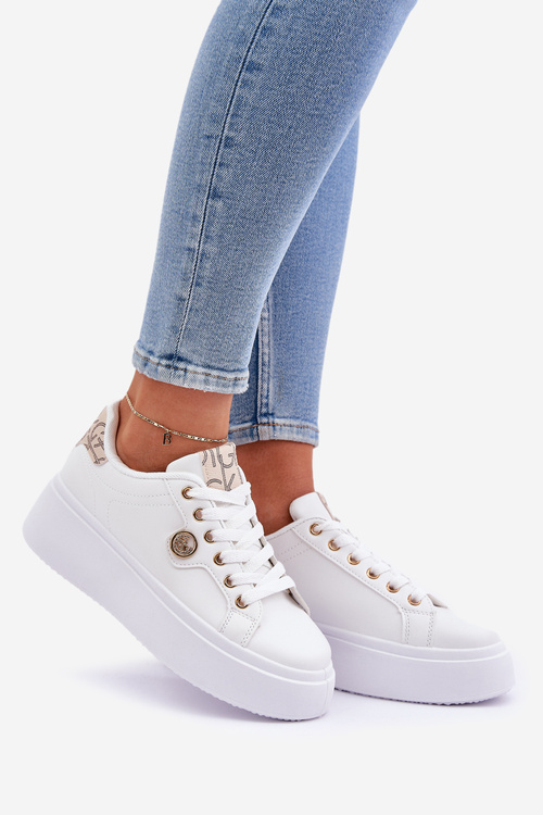 Eko Kožené Tenisky Na Platformě Se Zlatým Detalem Bílo-Bežové Zingie