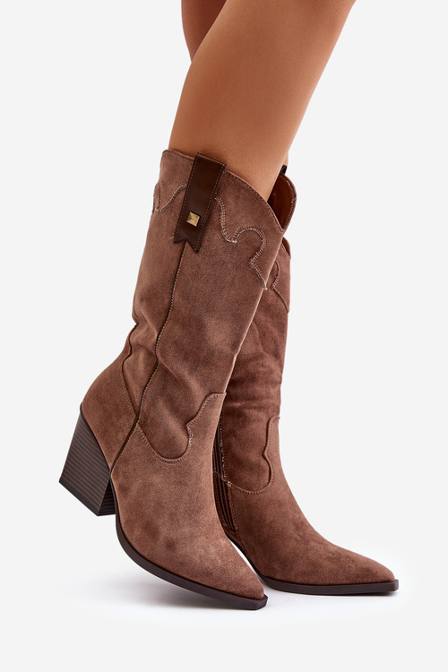 Zateplené kozačky kovbojky na podpatku eko semišové hnědé Hanivin