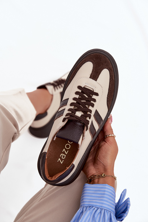 Kožené dámské tenisky na platformě Zazoo 3775 béžově-čokoládové