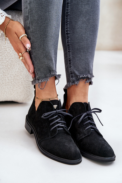 Zazoo 2959 Semišové Polobotky Oxford Krajkové Na Plochéj Päte Čierne