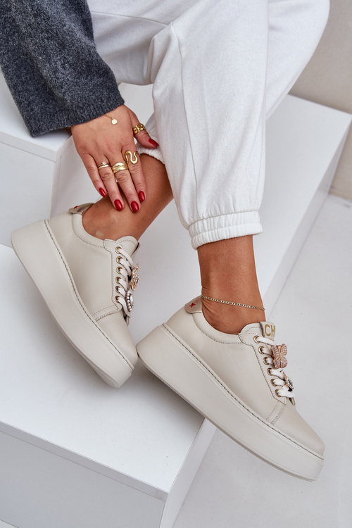 Dámske Kožené Tenisky Na Platforme S Ozdobami CheBello 4292 Svetlo Béžové