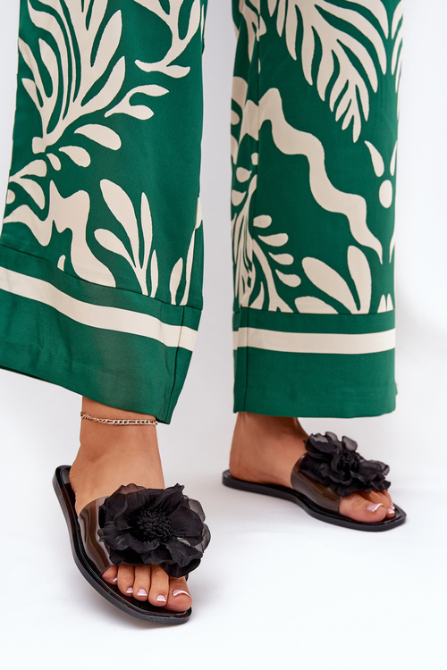 Priehľadné Ploché Dámske Šľapky S Umelým Kvetom Čierne Vobetta