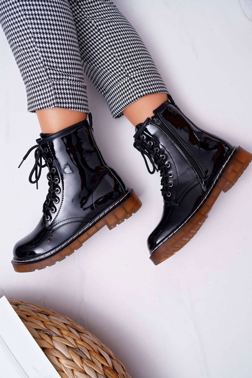 Dámské Kotníkové Boty Lakované Černé Martenis