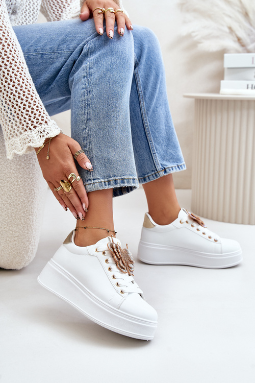 Dámske Tenisky Na Platforme S Motýľom Bielo-Zlaté Naritevia