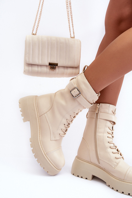 Kůže Botky Workery s Plochým Podpatkem se Sponou Jasnobežové Samivlo