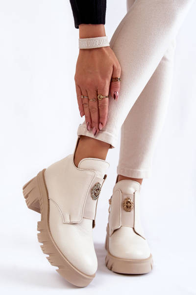 Dámské kožené kozačky s zdobením Světle béžová Maley