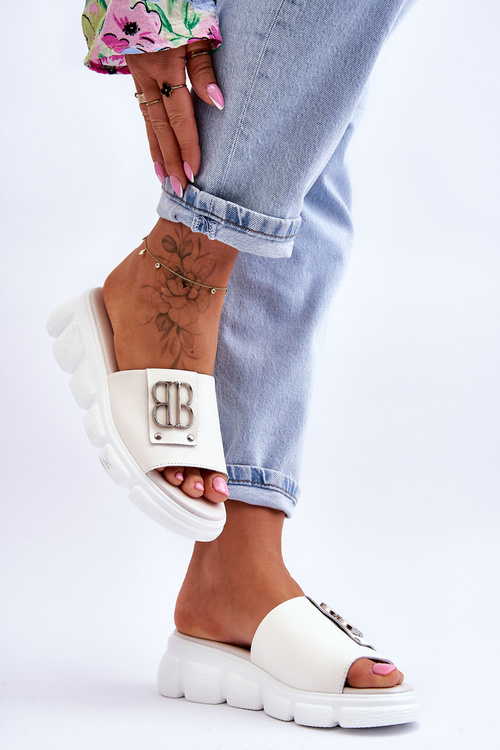 Dámské kožené pantofle na platformě s ozdobou Béžové Monroe