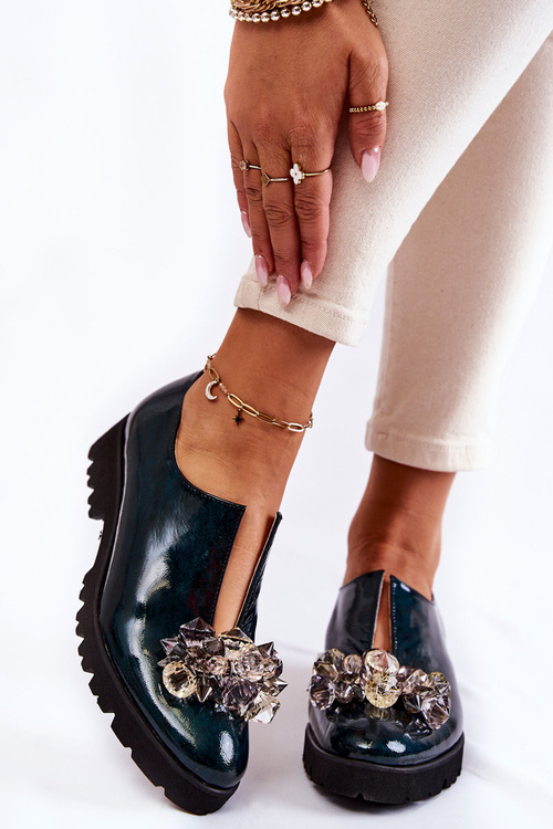 Elegantné lakované topánky s dekoráciou tmavo zelená cindy