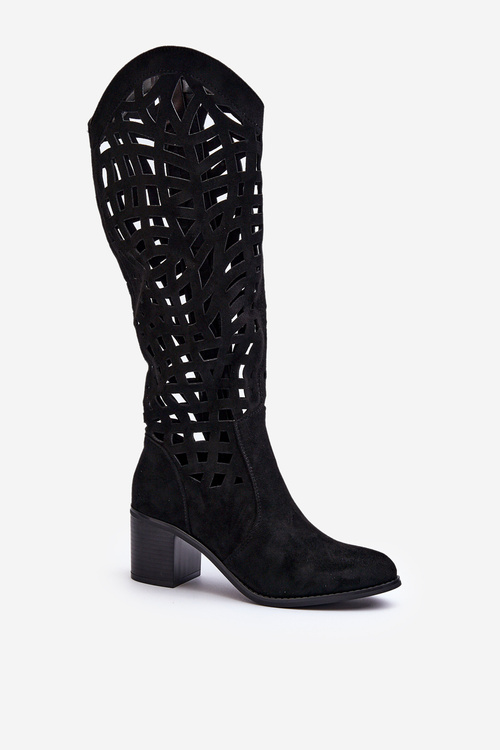 Čierne čižmy s otvoreným vzorom na opätku Pinkema