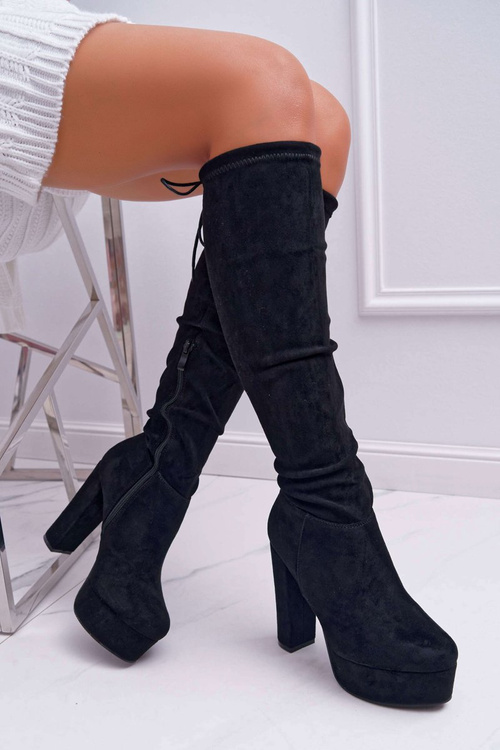 Dámské semišové kozačky na vysokém podpatku Černá Kontiga