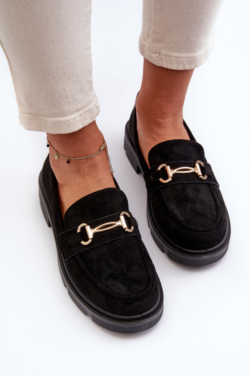 Dámske čierne mokasíny z eko-zamšu so zlatým ozdobou Lighas