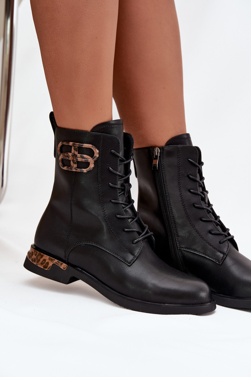 Kožené dámske členkové topánky na plochej päte s ozdobou vyhrievané Artiker 57C1064 Čierne