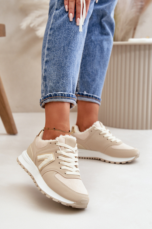 Tenisky Dámske Športové Topánky Zateplené Kožušinou Béžové Ciamara