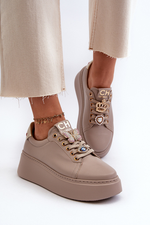 Dámske kožené tenisky s ozdobami CheBello 4292 béžové