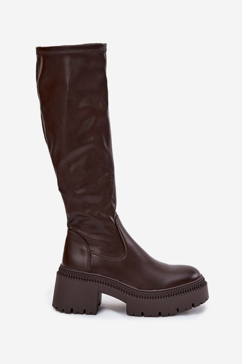 Dámské kozačky na masivním podpatku a platformě s nazouváním hnědé Florinne