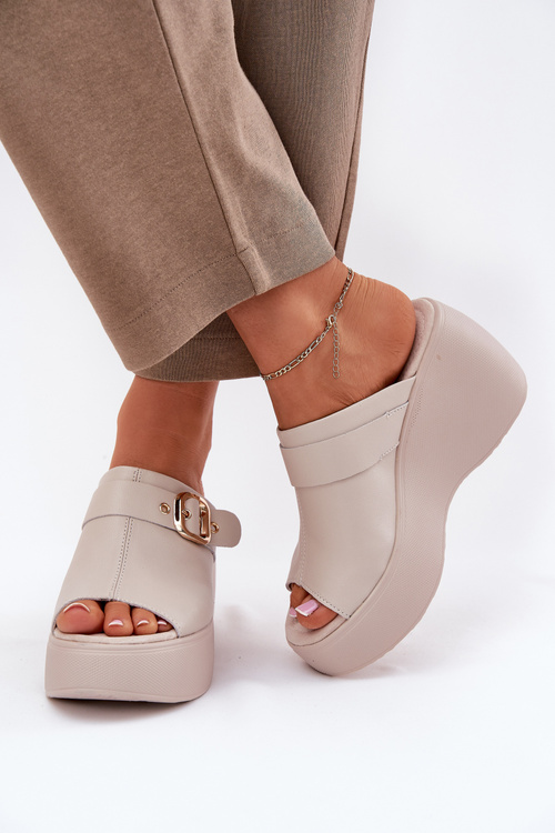 Kožené Dámské Sandály Na Platformě A Klínu S Přezkou Béžové S.Barski LR51-542