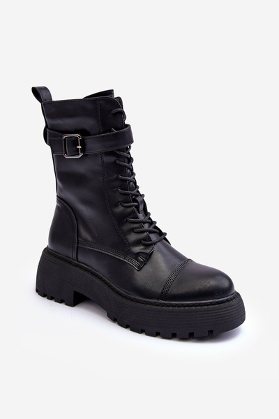 Kožené Botky Workery S Plochou Podpatku S Křížkem Černé Samivlo