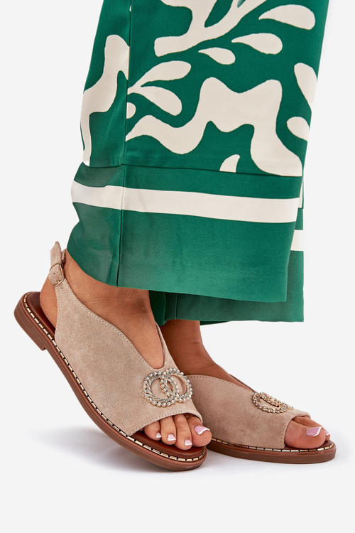 Dámske Sandále S Dekoráciou Na Plochéj Päte Eko Semišové Béžové Ralisses