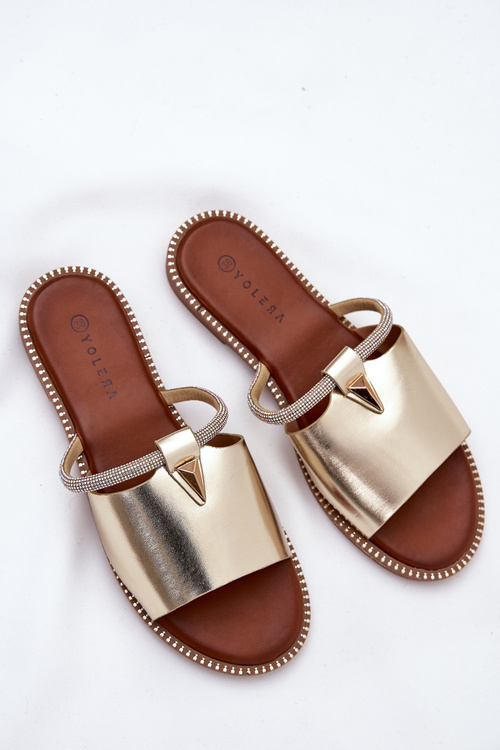 Eko Kožené Pantofle Na Plochém Podpatku S Ozdobným Páskem Zlaté Hirtewi