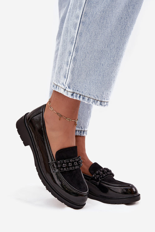 Dámske lakované mokasíny s korálkami S.Barski HY52-541 Čierne