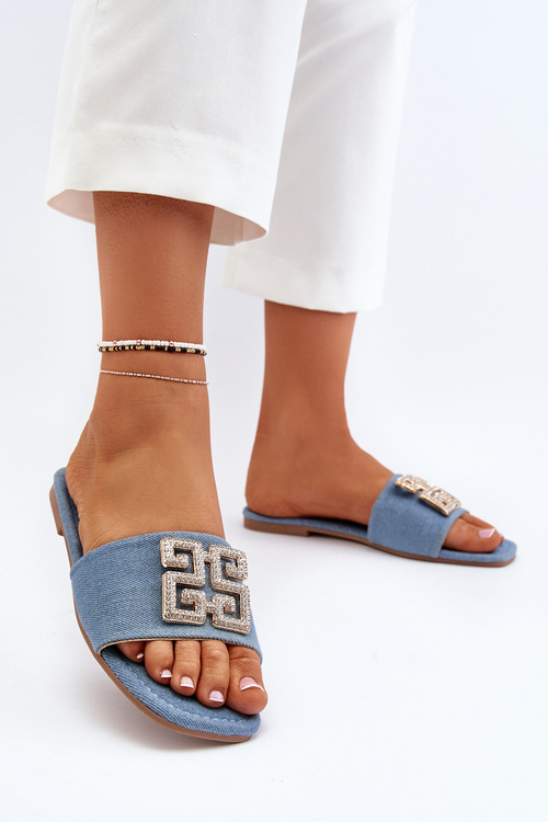 Dámské džínové pantofle na ploché podrážce s ozdobou Modré Inaile