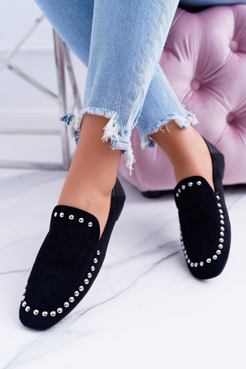 Lu Boo Dámske čierne lordy balerína s kamienkami s plantami