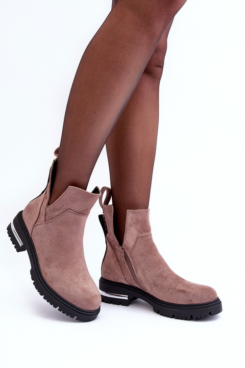 Botky Na Plochém Podpatku Se Výřezy Z Kůže Ciemnobežové Lamedella