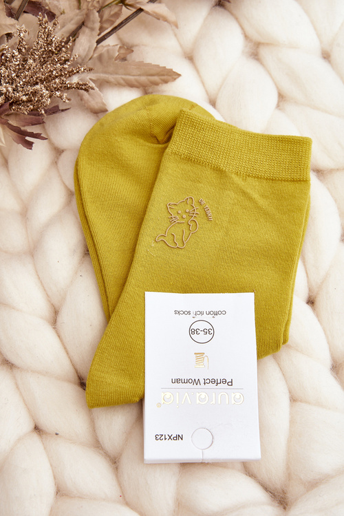 Dámske hladké ponožky s mačičkou žltou farbou