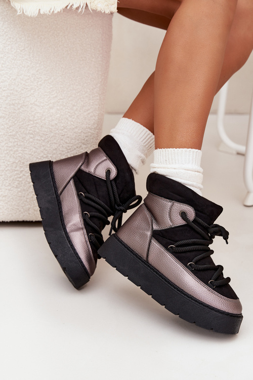 Nízké dámské sněhule s hřejivým kožíškem a silným šněrováním černé Xarina