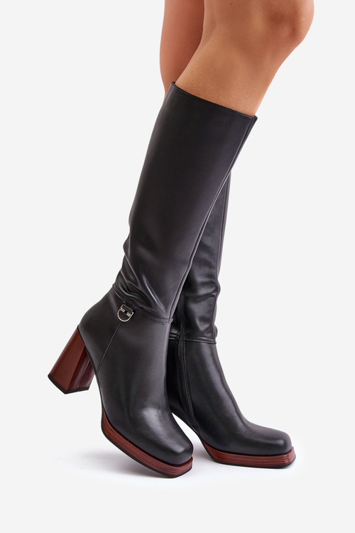 Kožené elegantní kozačky na podpatku zateplené D&A JC42-39 Černé