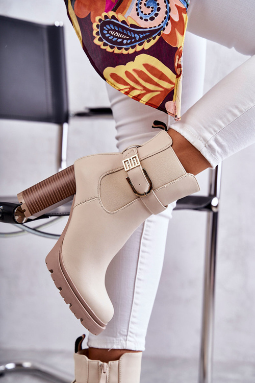 kožené kozačky na sloupku s ozdobným páskem béžové Maresol