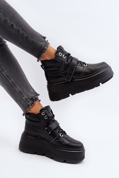 Zazoo 3392/X Dámské Kožené Sportovní Boty na Platformě Černé