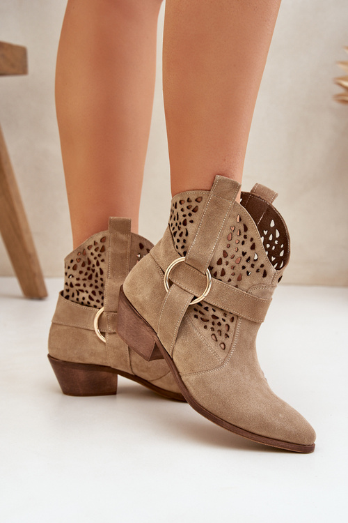 Semišové Boty Cowboy S Výřezem Na Podpatku Béžové Zazoo 2994