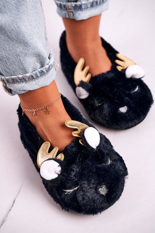 Vánoční Teplé Kožešinové Pantofle Tmavě Modré Jingle Bells