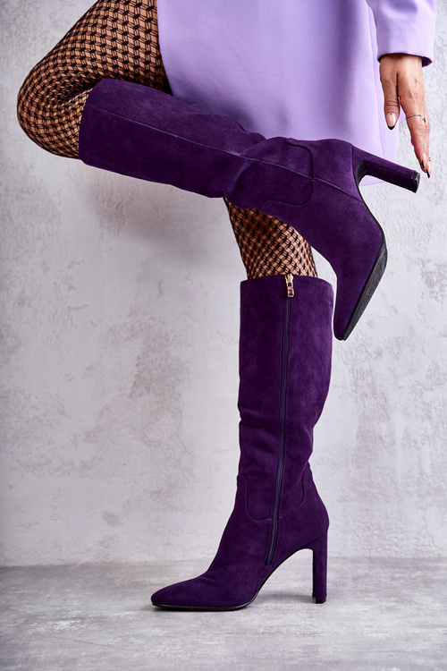 Dámské kozačky na podpatku ke kolenům tmavě fialové Truly Love