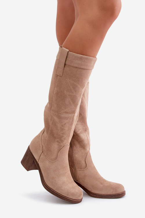 Dámské Kozačky Na Podpatku Před Kolena Béžové Erisorae