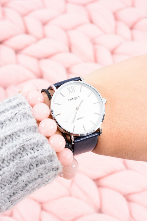 Stylowy Skórzany Granatowy Damski Zegarek Ernest