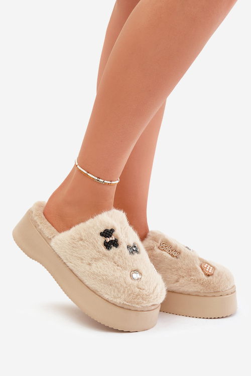 Dámské Fuzzy Pantofle Na Tlusté Podešvi S Připínáčky Béžové Zintoria