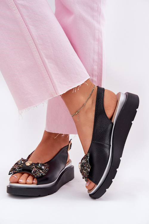 Dámske kožené sandále na klíne s mašľou Zazoo 1882 čierne