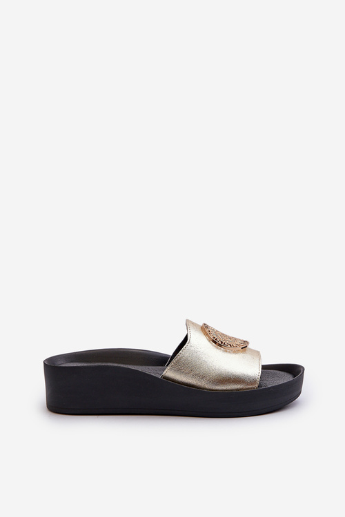 Zazoo 2920 Kožené Dámské Žabky Na Klinu S Zlatým Detail Zlaté