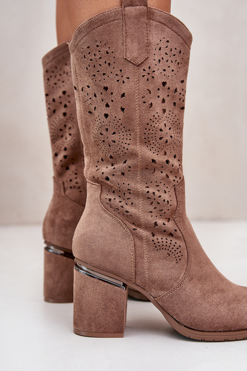 Dámské Krajkové Kovbojské Boty Na Podpatku Eko Semišové Hnědé S.Barski HY42-028