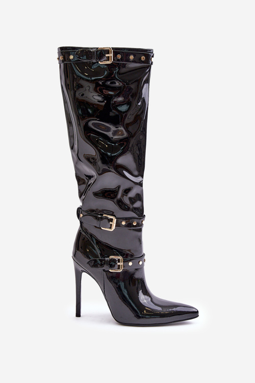 Lakované kozačky na jehlovém podpatku s přezkami černé Emiraethe