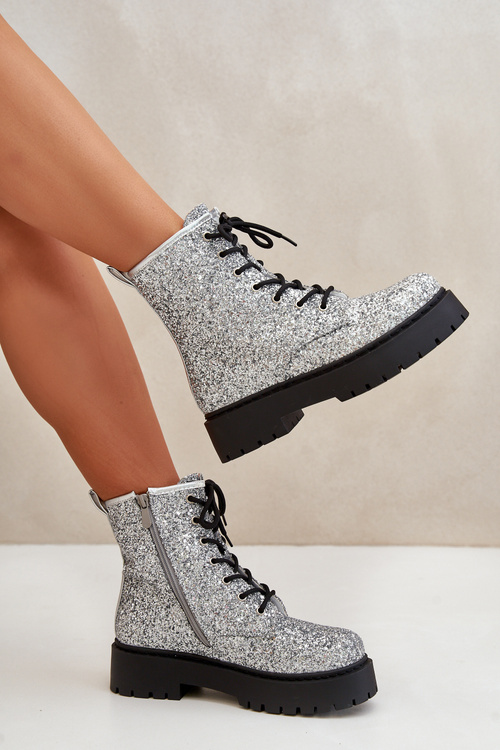 Zateplené boty workerky dámské zdobené flitry stříbrné Liatheine