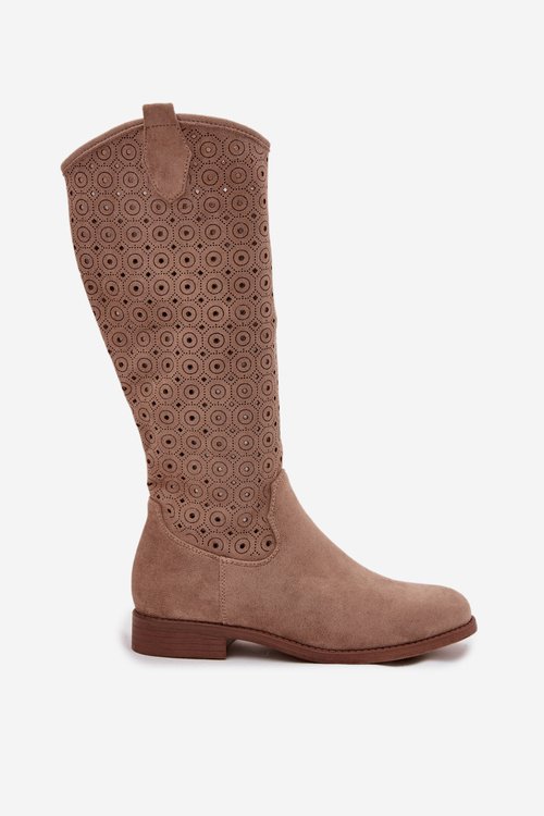 Dámské kozačky na ploché podrážce s vzorem sítě S.Barski HY52-531 Béžové