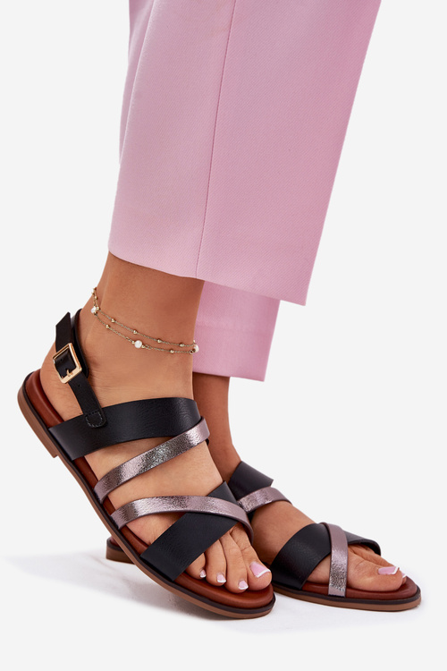 Dámske Sandále Na Plochom Opätku S Páskami Čierne Sergio Leone SK086H