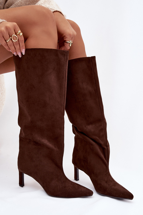 Dámské kozačky z eko semiše nazouvací na podpatku čokoládové Phelin