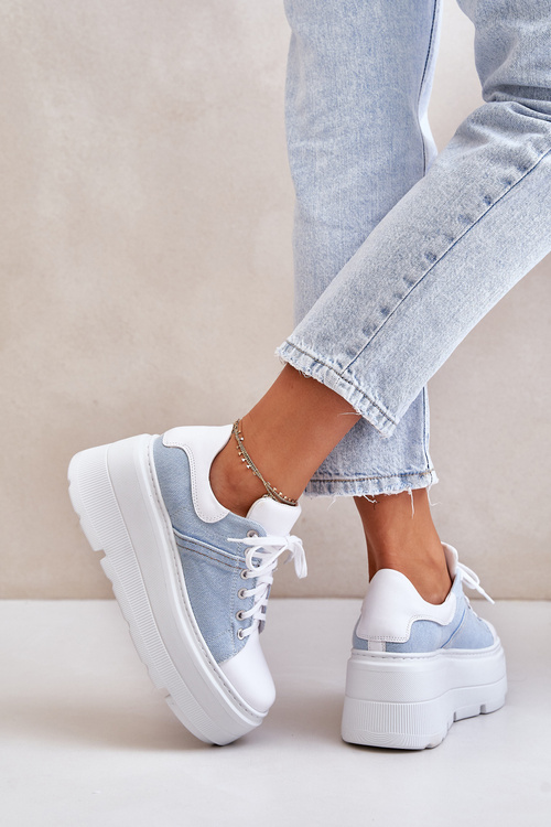 Kožené Sneakersy Na Masívnej Platforme Džínové Biele Lewski 3586